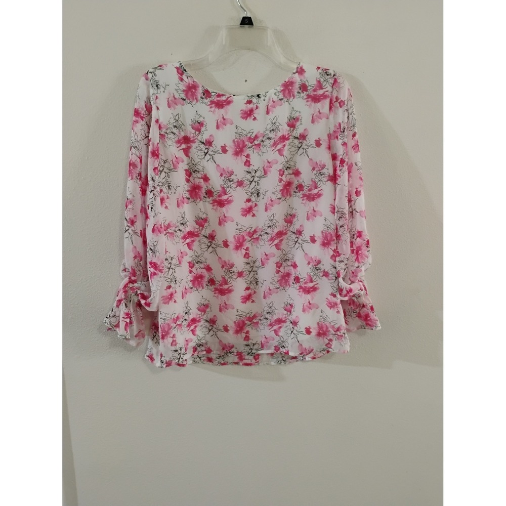 Caramela Pink Floral Ruffle Tie Sleeve Blouse Keyhole Back Small CT2850Janine